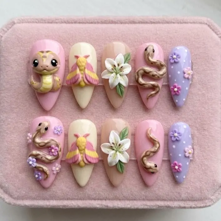Press-On Nails, Almond-Shape, 3D Ball Python Moth & Enchanted Garden Floral Design, Beauty Nail Art Decoration Accessories
