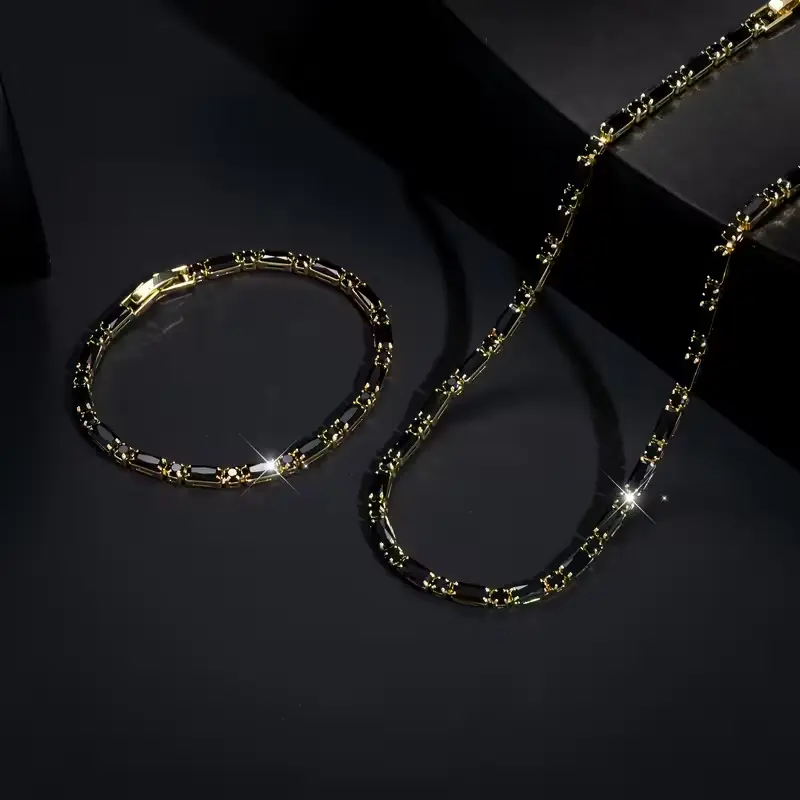 Elegant 2pcs Black Zircon Inlay Tennis Necklace & Bracelet Set Shiny 18k Gold Plated Unisex Jewelry for Valentine's Day Anniversary Carnival Halloween Thanksgiving