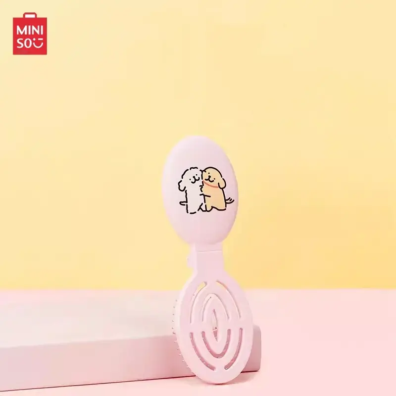 MINISO Line Maltese 2-in-1 Foldable Brush with Mirror, Mini Size Travel Detangling Hair Brush with Massage Bristles for Girls, Portable Pocket Hair Care Tool, Single Unit