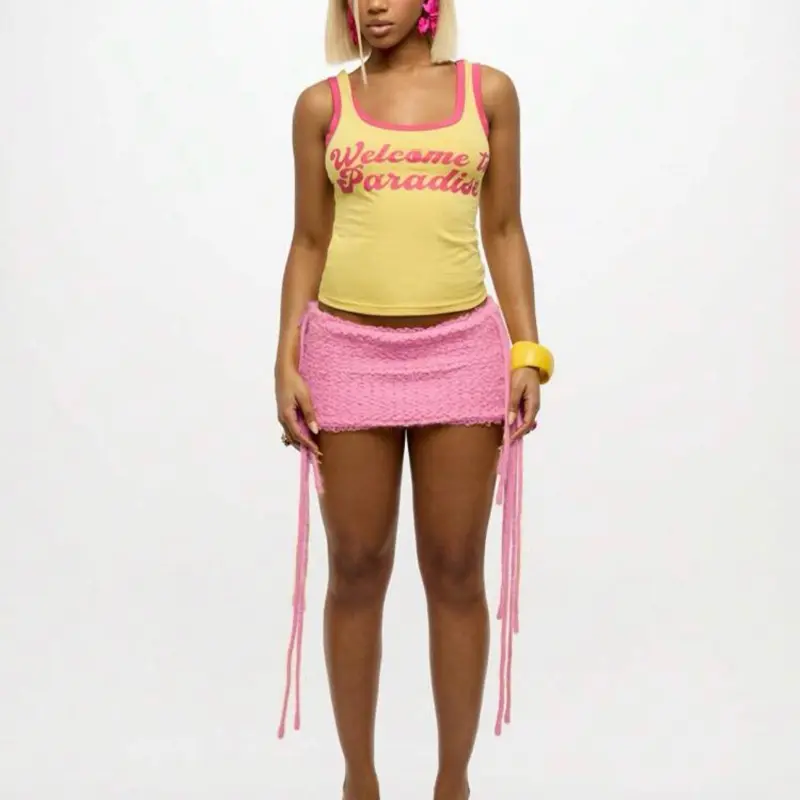 Crotchet Mini Skirt Fringe - Pink Crocheted Skirt with Fringe Details for Stylish Look