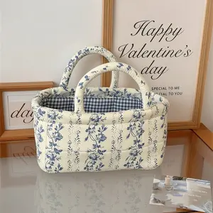 Vintage Floral Print Flower Quilted Fabric Storage Basket, Foldable Snack Basket, Laundry Basket, Bathroom Organizer, Bedroom Essentials, Large Capacity