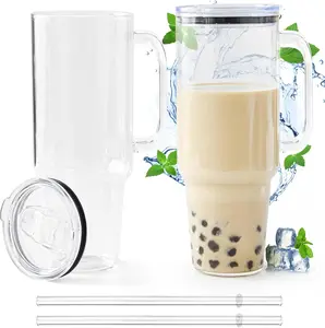 FECBK 40 Oz Glass Tumbler with Handle 2 Pack Reusable Borosilicate Glass Cups with Acrylic Lids & Silicone Straws Wide Mouth for Smoothies Cocktails Beer Soda Fruit Juice BPA Free Portable Washable Drinkware