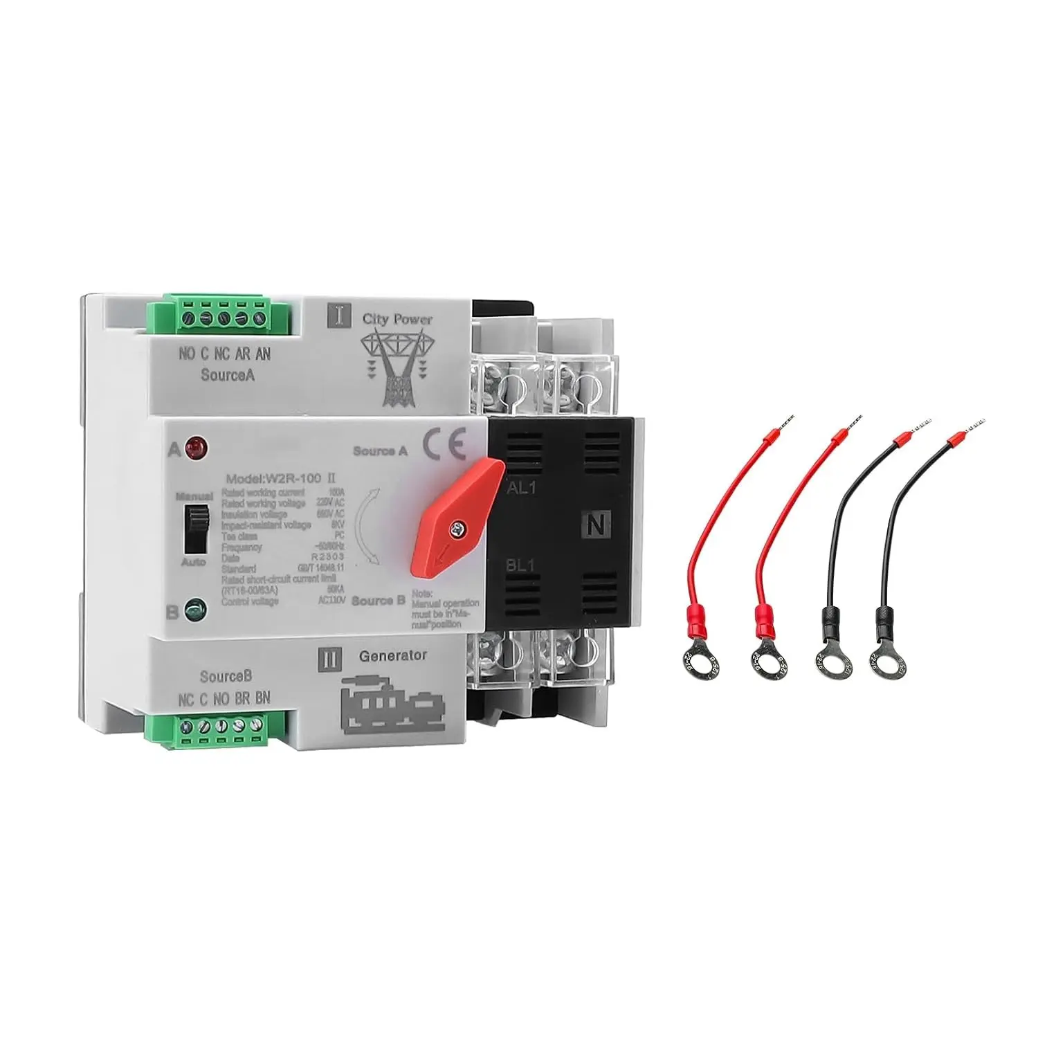 100Amp AC 220V Automatic/Manual Transfer Switch 2P 50/60Hz, 2-Pole Mini ATS Auto Dual Power Switch for Home Generator, Din Rail Mount Automatic Changeover Fast Transfer for Solar, RV, LV Power