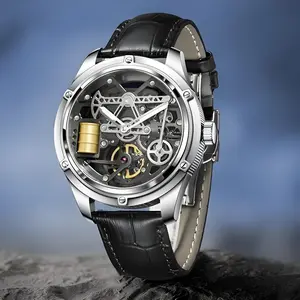 Pindu Men's New Skeleton Mechanical Watch with Leather Strap, Sapphire Crystal, Miyota 8215 Automatic Movement, 50m Water-Resistant