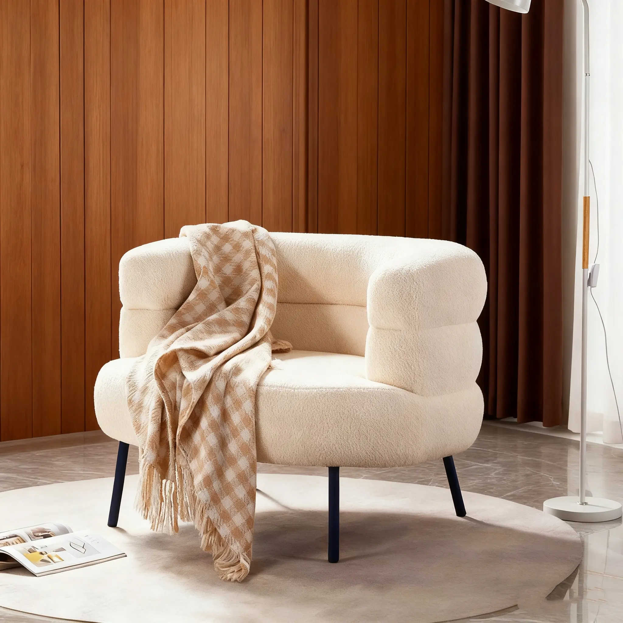 Virplik Fluffy Vanity Chair with Back - Soft Cushioned Stool, Modern Accent C-Shaped Armchair with Golden Legs, Cozy Padded for Bedroom/Dressing Room