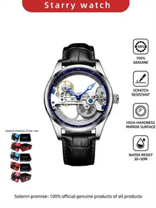 Men's Mechanical Tourbillon Watch, Dual Transparent Design, Full Automatic, Stainless Steel Case, Casual Style, All Seasons, Analog Watches, Skeleton Watches