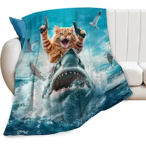 Shark Blanket Funny Cat Throw Blanket Cozy Fleece Flannel Bedding Shark Gifts for Boys Girls Men Women Adults Lovers Stuff Plush for Couch Sofa Bed Room Decor 40"X50", Printed on One Side with a Plain White Back, Halloween Thanksgiving Christmas Gift