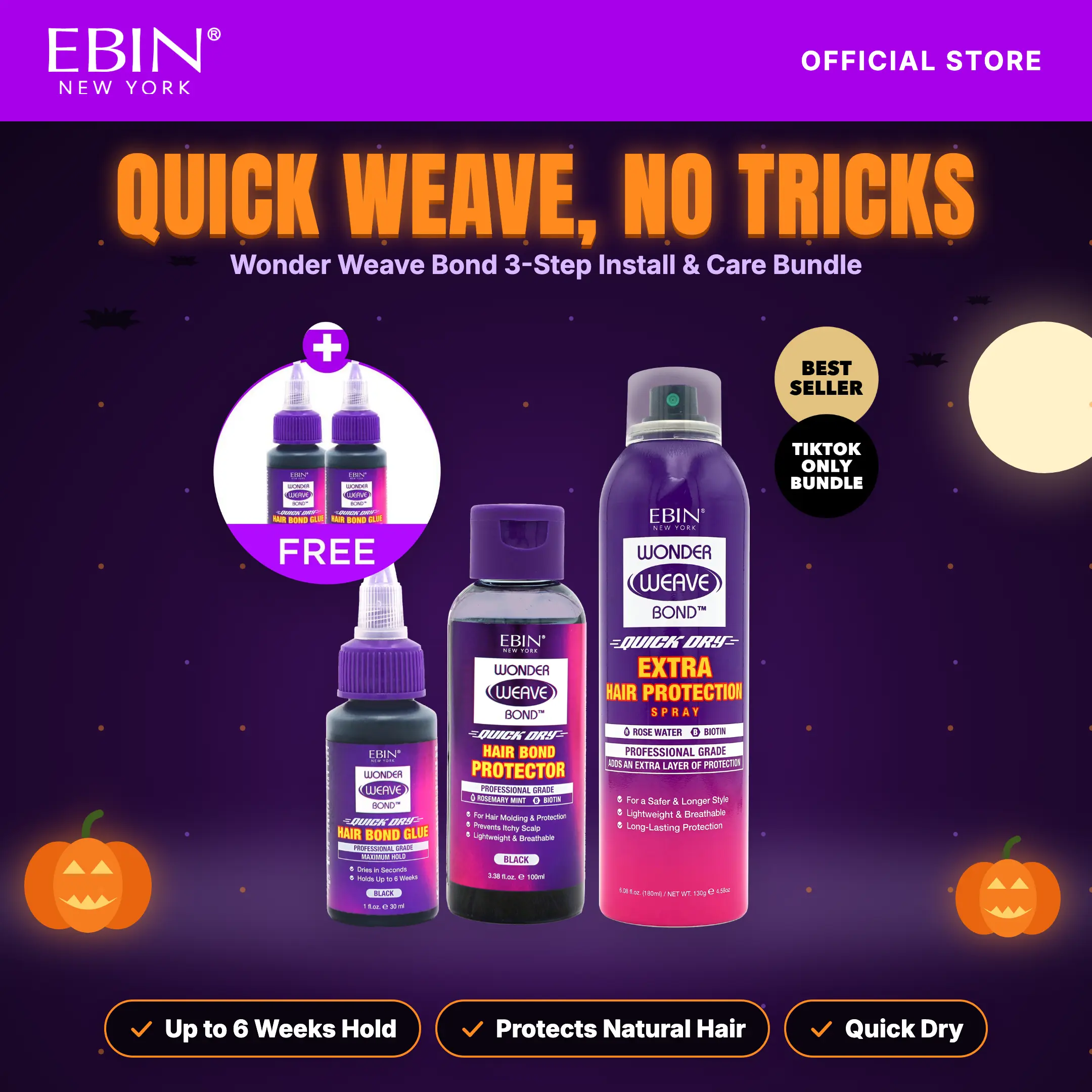 EBIN Wonder Weave Bond 3-Step Install & Care Bundle - Hair Bond Glue + Hair Protector + Extra Hair Protection Spray with FREE Bond glue | Up to 6 weeks hold, Quick dry, Healthy hair