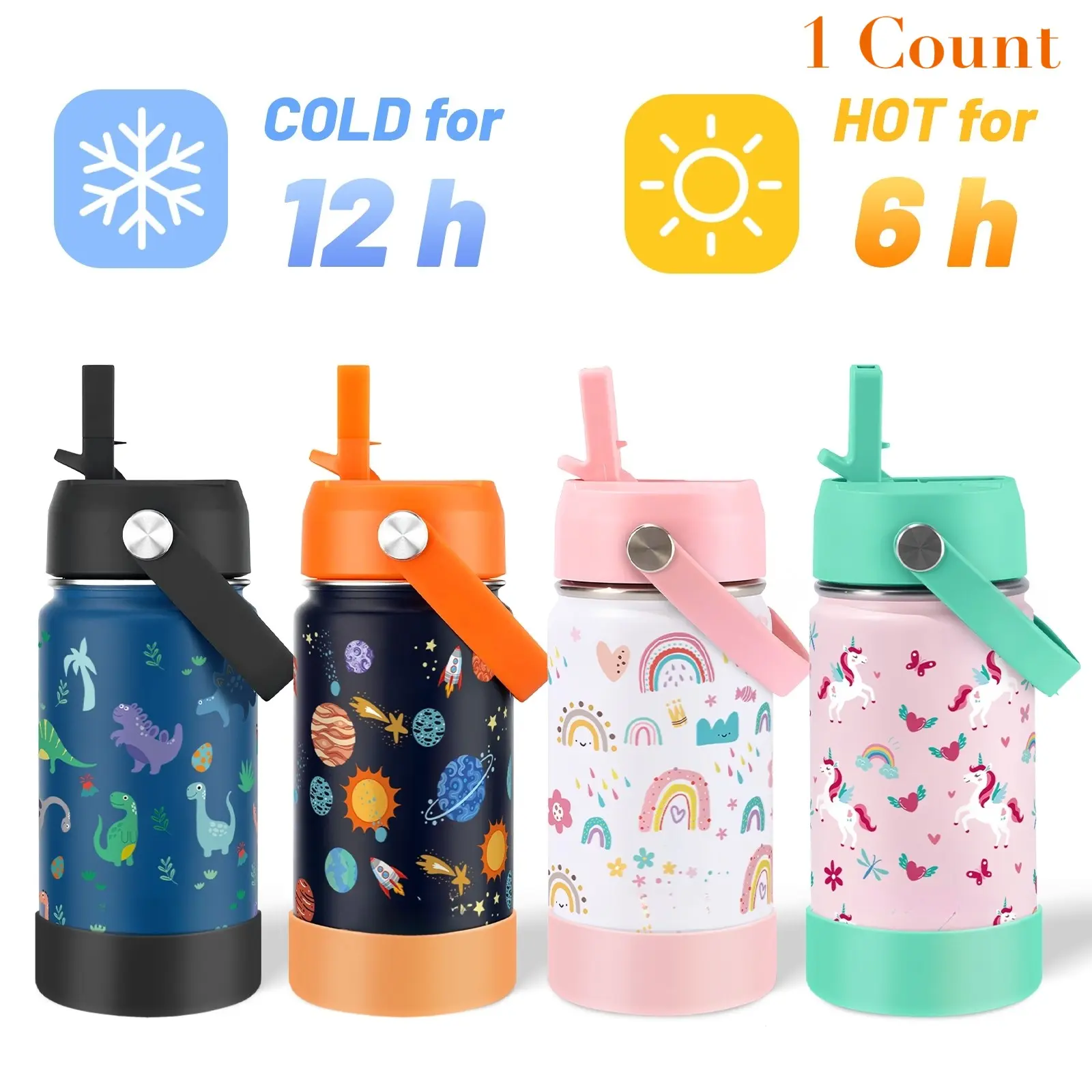 Water Bottle, 12 Oz Stainless Steel Vacuum Insulated Cup, Flexible Handle & Straw, Non-Slip Silicone Base, School Use Gift, Drinkware