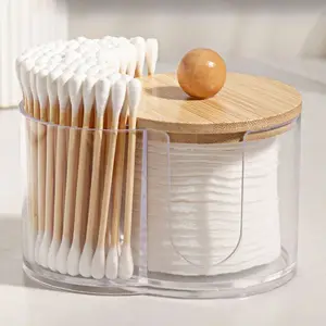 Cotton Pad & Swab Holder - Small Clear Plastic Swab Dispenser with Wooden Lid, Bathroom Accessories Storage Organizer for Pads & Picks Transparent Storage