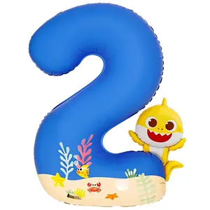 PartyWoo Baby Shark Blue Foil Number 2 Balloon 40 Inch Blue Mylar Helium Birthday Number Balloons for Boys and Girls Baby Shark Under the Sea Ocean Theme Kids Second Birthday Party Decorations