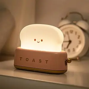 Cute Toast LED Night Light Table Lamp, Rechargeable Bedroom Bedside Lamp with Timer, Soft Warm Glow Decorative Desk Light for Kids Room, Nursery, Birthday Gift for Boys & Girls