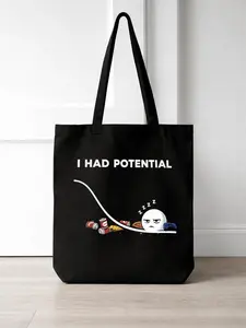Funny “I Had Potential” Meme Tote Bag, Black Canvas Humor Bag for Lazy Mood Students Introverts Daily Use Gift