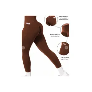 Seamless Basic Yoga Legging With Pocket - 92% Nylon 8% Spandex Blend French Terry Knit Compressor Ribbed Waist Band Scrunch Butt Hip Line Cellphone Pockets
