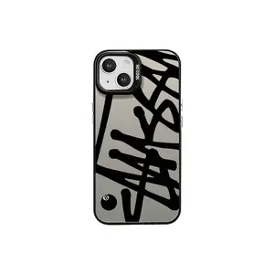 Trendy Black English Graffiti Pattern Case for iPhone 17 16/15/14/13/12/11 Pro Max AIR XR XS E Plus Shockproof Drop Protection Durable PC Smartphone Cover Protective Screen Protector Casing