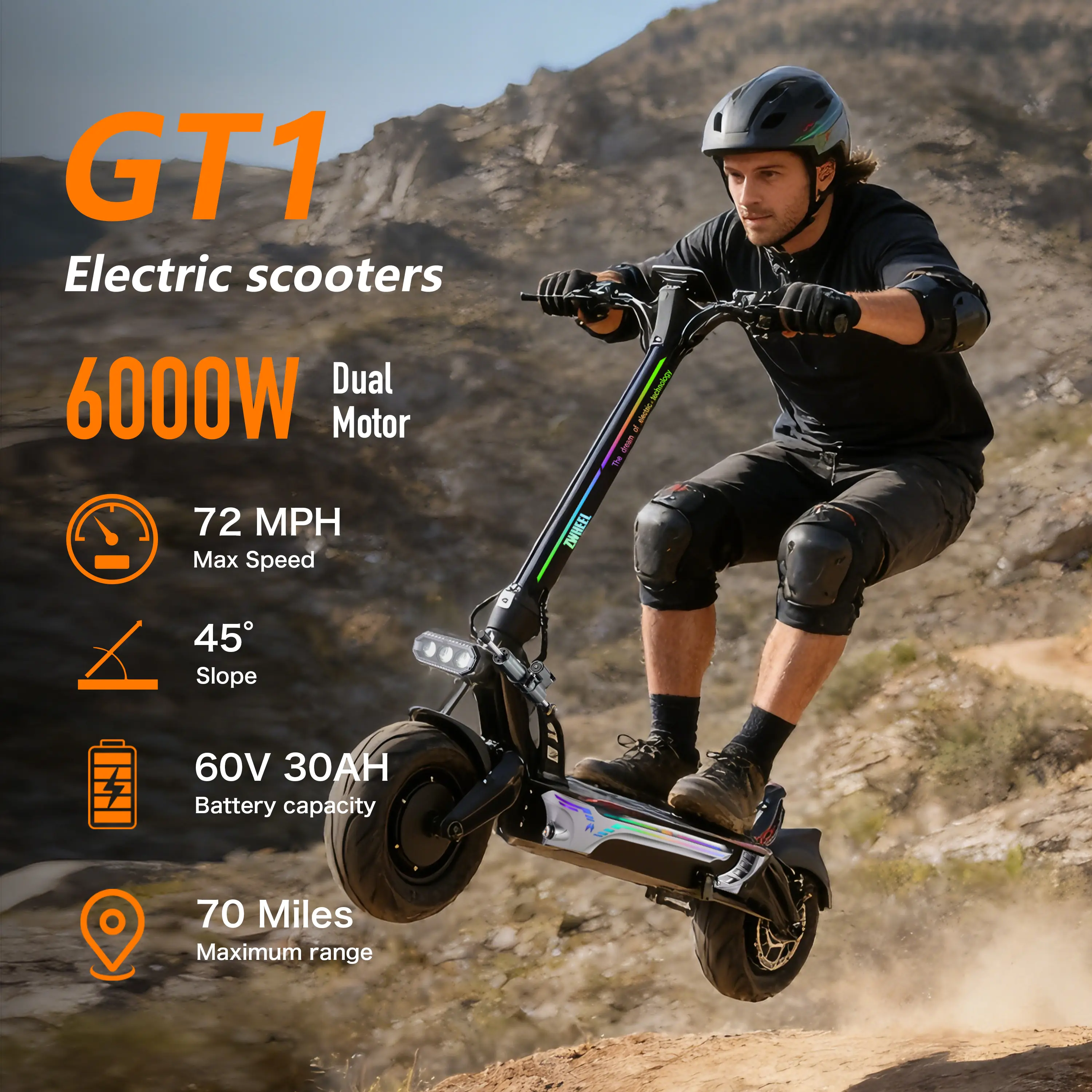 ZWHEEL GT1 MAX 6000W Electric Scooter Adults, 72 MPH Speed, 70 Miles Long Range 60V 30Ah, Oil Disc Brake, 12" Off Road Tubeless Tires, C-Type Full Suspensions E Scooter, 265LBS Load Capacity, Anti-loosing Device, Free Storage Bag as Gift,Steering Damper