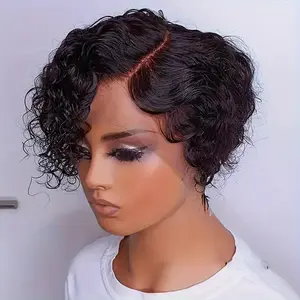 New Fashion Chic Pixie Cut Wig for Women - 13x4 HD Transparent Lace Front, Water Wave Brazilian Remy Human Hair, Short Curly Style, 180% Density, Natural Black Color, Voluminous & Stylish Design, Short Hair Wig