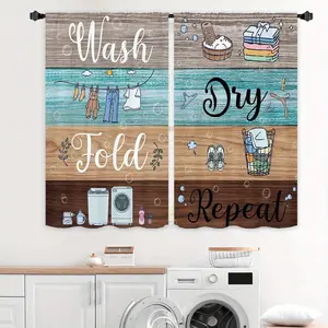 2 Panels Rustic Farmhouse Laundry Room Curtains with Wash Dry Fold Repeat Laundry Motifs - Light Blue Wood Plank Design Short Window Drapery, Peach Light Beige Fabric, Machine Washable Rod Pocket Curtains for Laundry Room Decor casual home