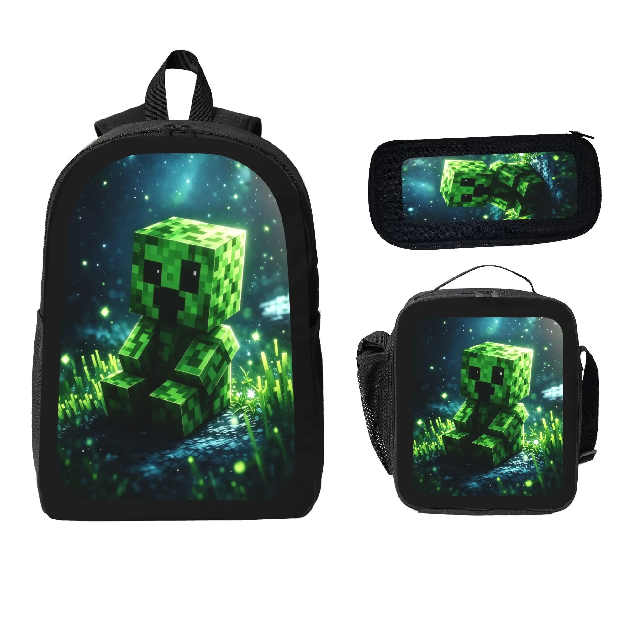 Backpack 3Pcs Set for Teens, Casual Geometric Pixel Monster Heat Transfer Print, All Seasons School Bag with Built-in Organizer, Graphic, Polyester, Preppy, Zip, Study, No Wheels, Young Adults, Character Decoration Backpacks, Geometric Pattern Backpack, C