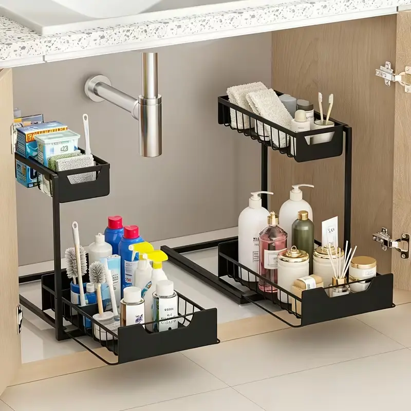 Pull-Out Organizer Rack, Multi-Functional Double-Layer Sundries Storage Rack, Large Capacity Sliding Storage Rack, Suitable for Kitchen And Bathroom, Home Organize And Storage, Home Addition, Household Kitchen, Christmas Gift, Housewarming Gift