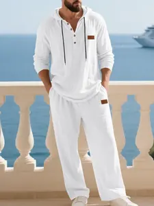 Men's Autumn Linen Breathable Casual Set, Loose Hooded Henry Shirt Long Sleeve Pants Suit, Fitted Style, All Seasons Wear, Plain Pattern