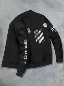 Men's American Flag Print Baseball Collar Zipper Jacket, Casual Trendy Winter Fitted Coat, Casual Fitted Jackets, Geometric Pattern, Stylish Outerwear