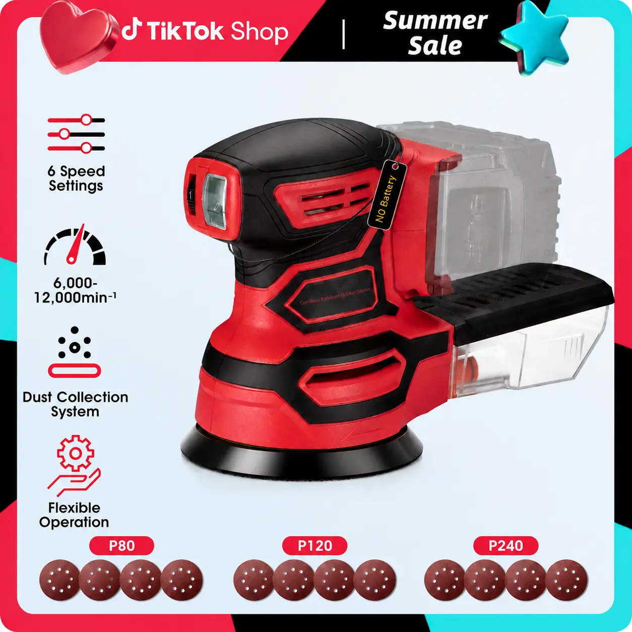 【No Battery】Cordless Random Orbital Sander, Brushless Electric Sander, 6-Speed (6000-12000 RPM), 5 inches Pad, Dust Collection, 12PCS Sandpapers (#80*4/#120*4/#240*4), Compatible with Milwaukee 18V Battery for Wood, Metal Sanding & Paint Removal