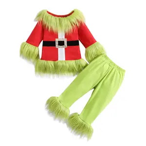 REDWOON Toddler Baby Boys Girls Christmas Cosplay Monster Costume Outfits Green Furry Santa Long Sleeve Tops and Pants Set