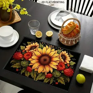 2D flat printing, 2-piece/4-piece 6-piece set, vibrant sunflower design linen set placemat - perfect for kitchen, dining, Dining room, coffee table, home fashion decoration