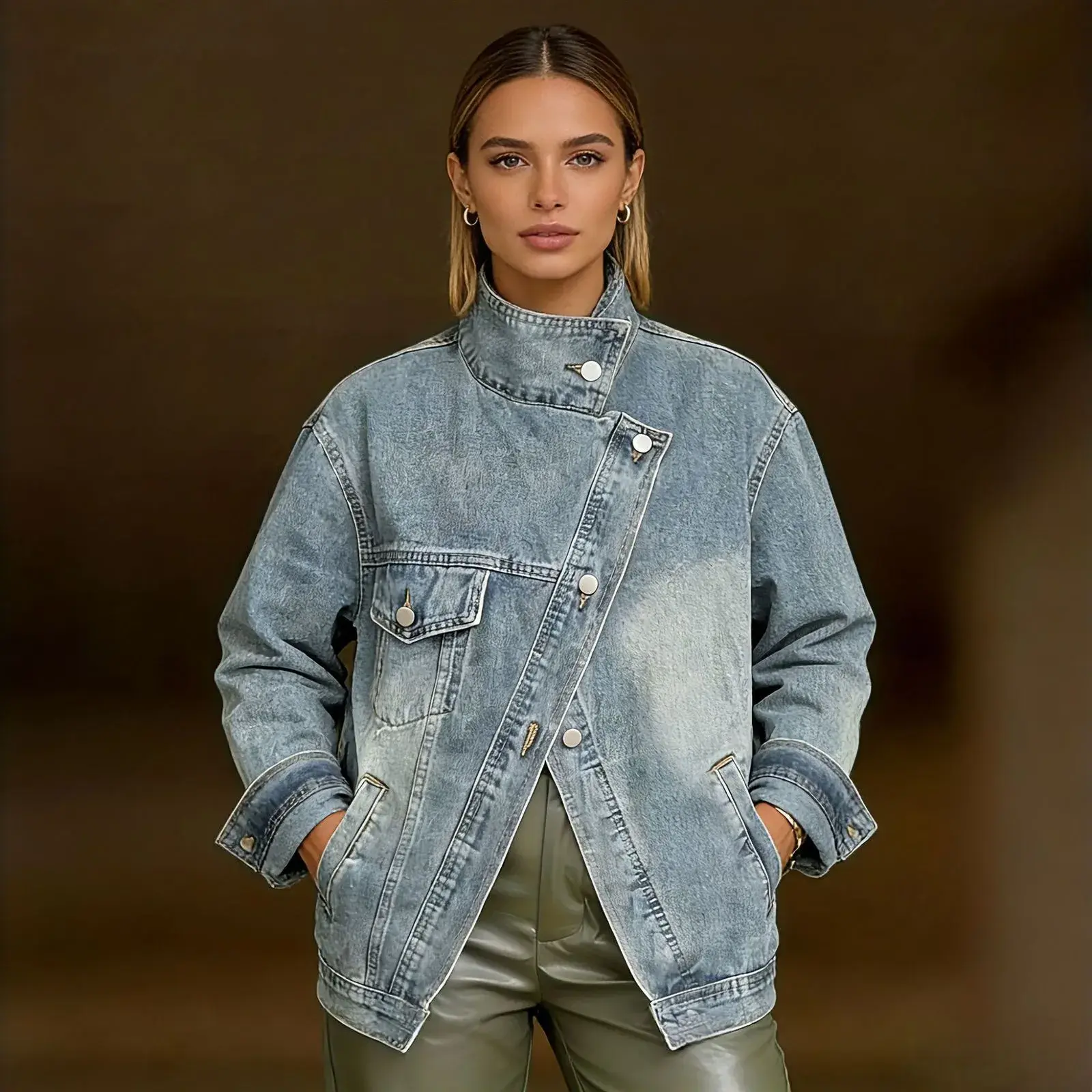Women's Vintage Washed High Neck Asymmetric Button Loose Denim Jacket, Street Style Trendy Versatile Jacket Top, Suitable For Spring, Autumn And Winter Seasons
