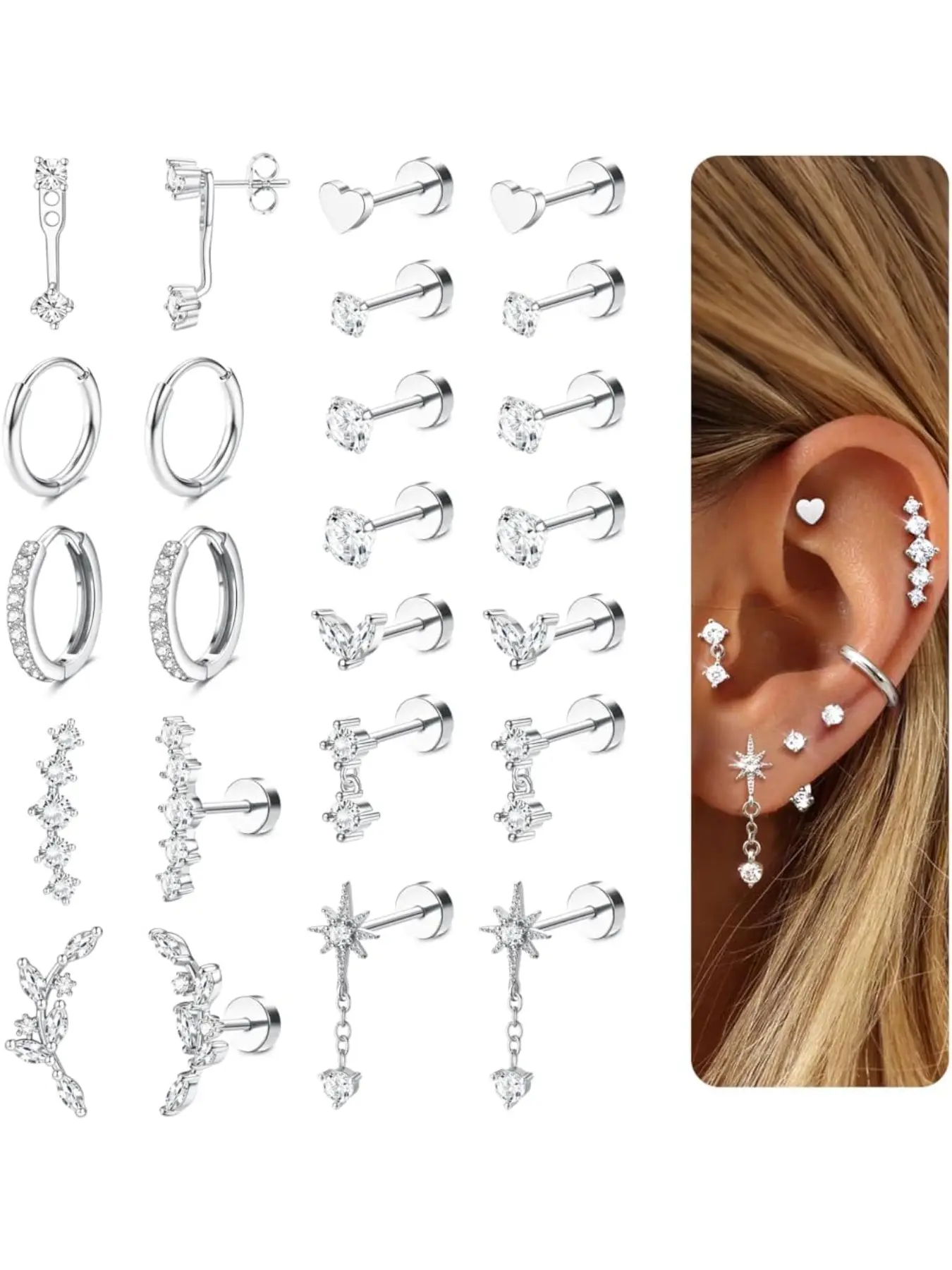 12 Pairs Women's Hypoallergenic Stud and Hoop Earrings Set, Stainless Steel Huggie Earrings for Multiple Piercings, Stainless Steel Hoops, Stackable Silver-Tone Options, Earring Stacks