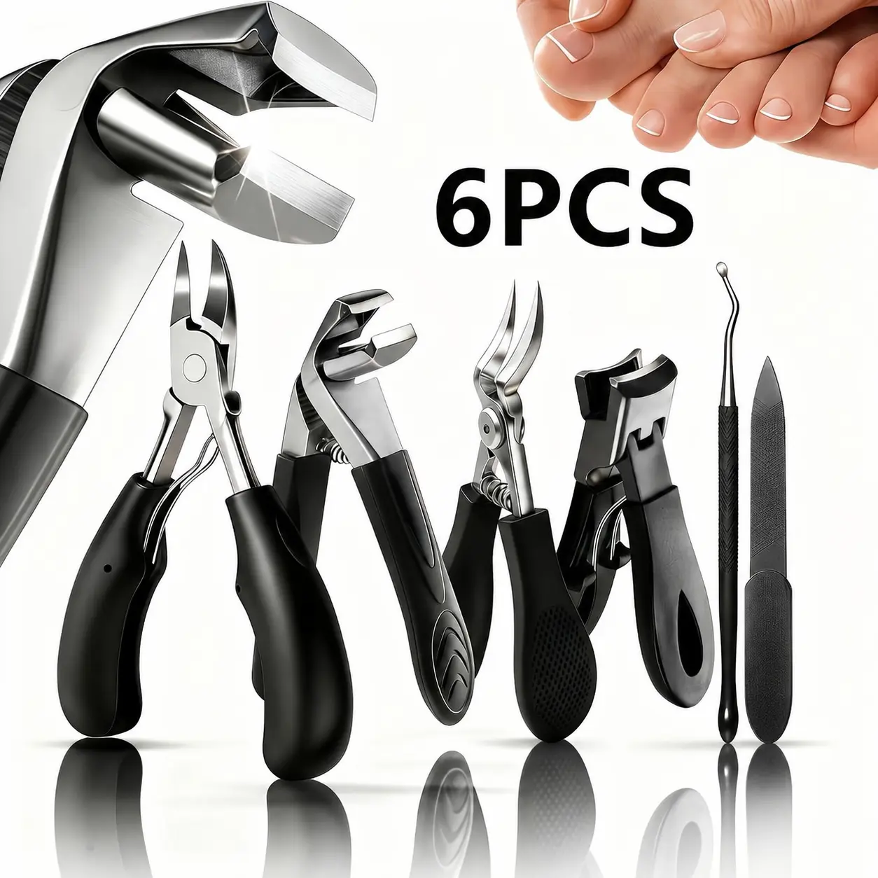 6PCS Podiatrist-Grade Toenail Clippers Set for Thick & Ingrown Nails - Heavy-Duty Wide-Jaw Stainless Steel Cutter with File & Grooming Tools for Seniors
