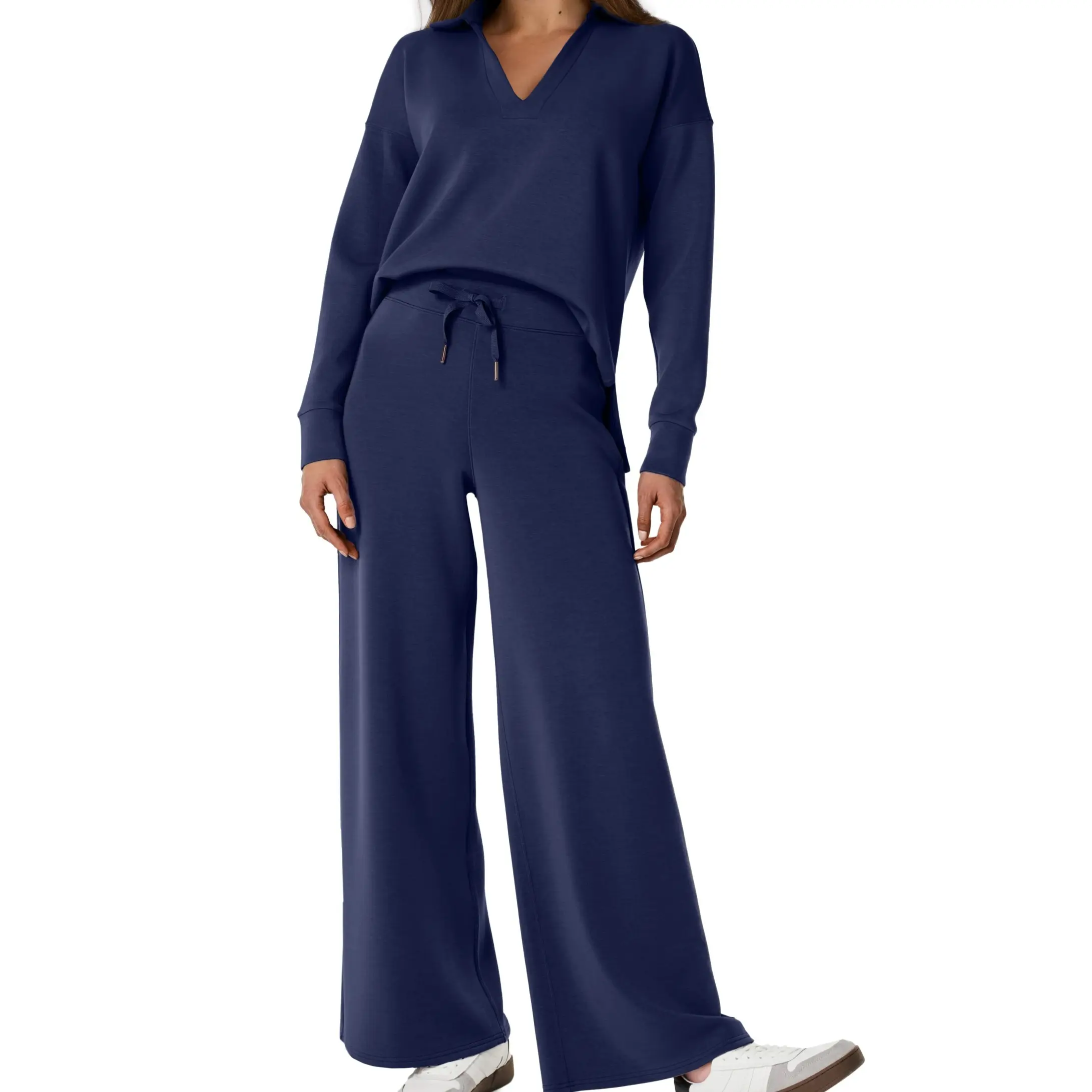 BerryGo Women's 2 Piece Sets Outfits Casual Long Sleeve Sweatsuits Polo Top and Wide Leg Pants Matching Sets Vneck Basic
