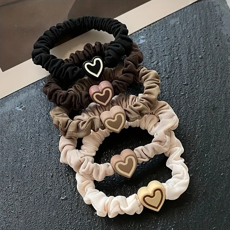 Heart Charm Hair Scrunchies - Set of 5, Fashion & Versatile Hair Ties