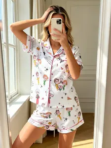 Women's Cartoon Character Print Pajama Set, Comfortable Two-Piece Sleepwear, Short Sleeve Button-Up Top and Elastic Shorts, Casual Home Wear Gift