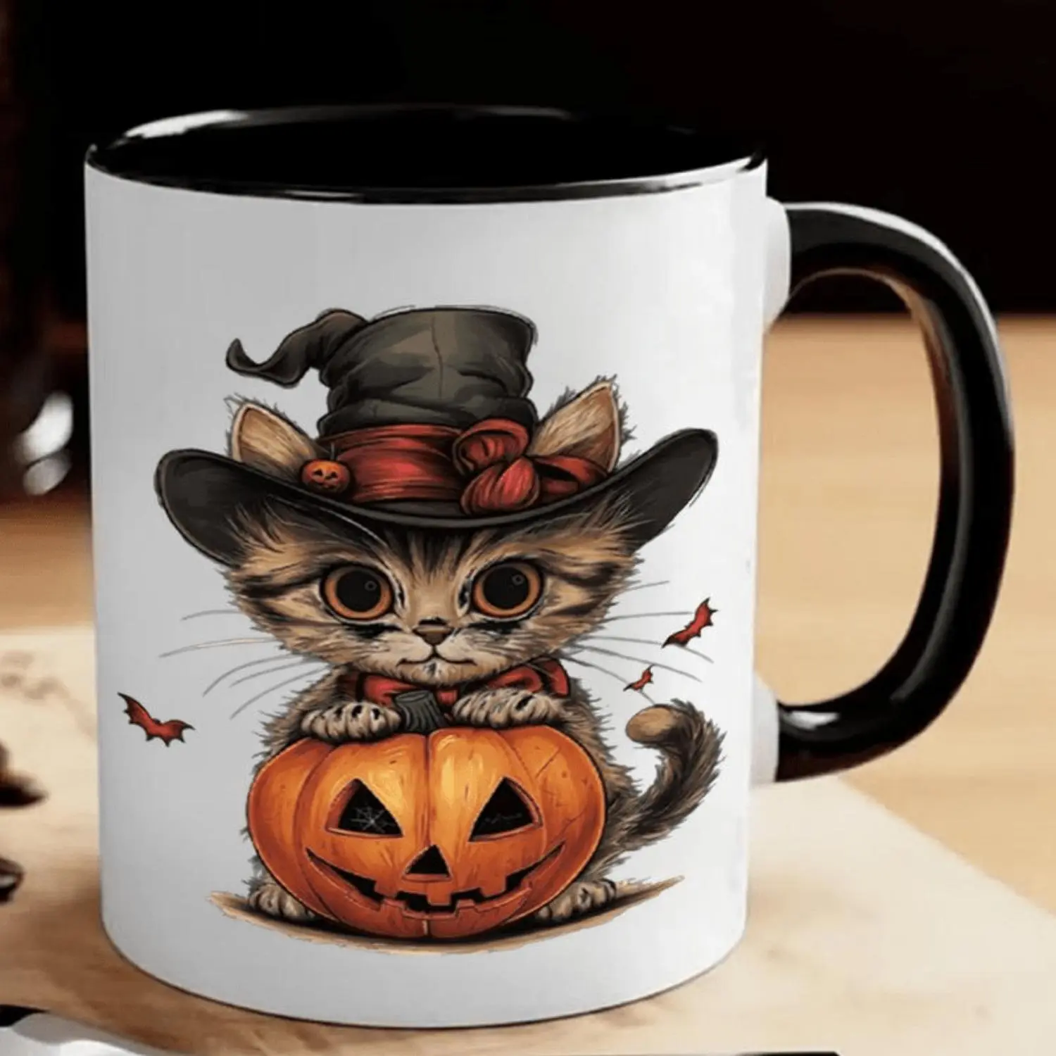 11oz Ceramic Mug Vintage 3D Kitten and Jack-O-Lantern Print Perfect for Halloween Party Home Office and Gift