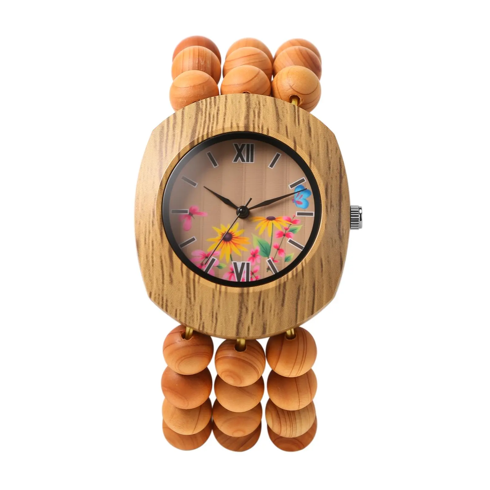 OIDEA Women's Handcrafted Bohemian Wooden Watch with Floral Dial, 1 Size Beaded Stretch Band for Casual Wear, One Size, Quartz