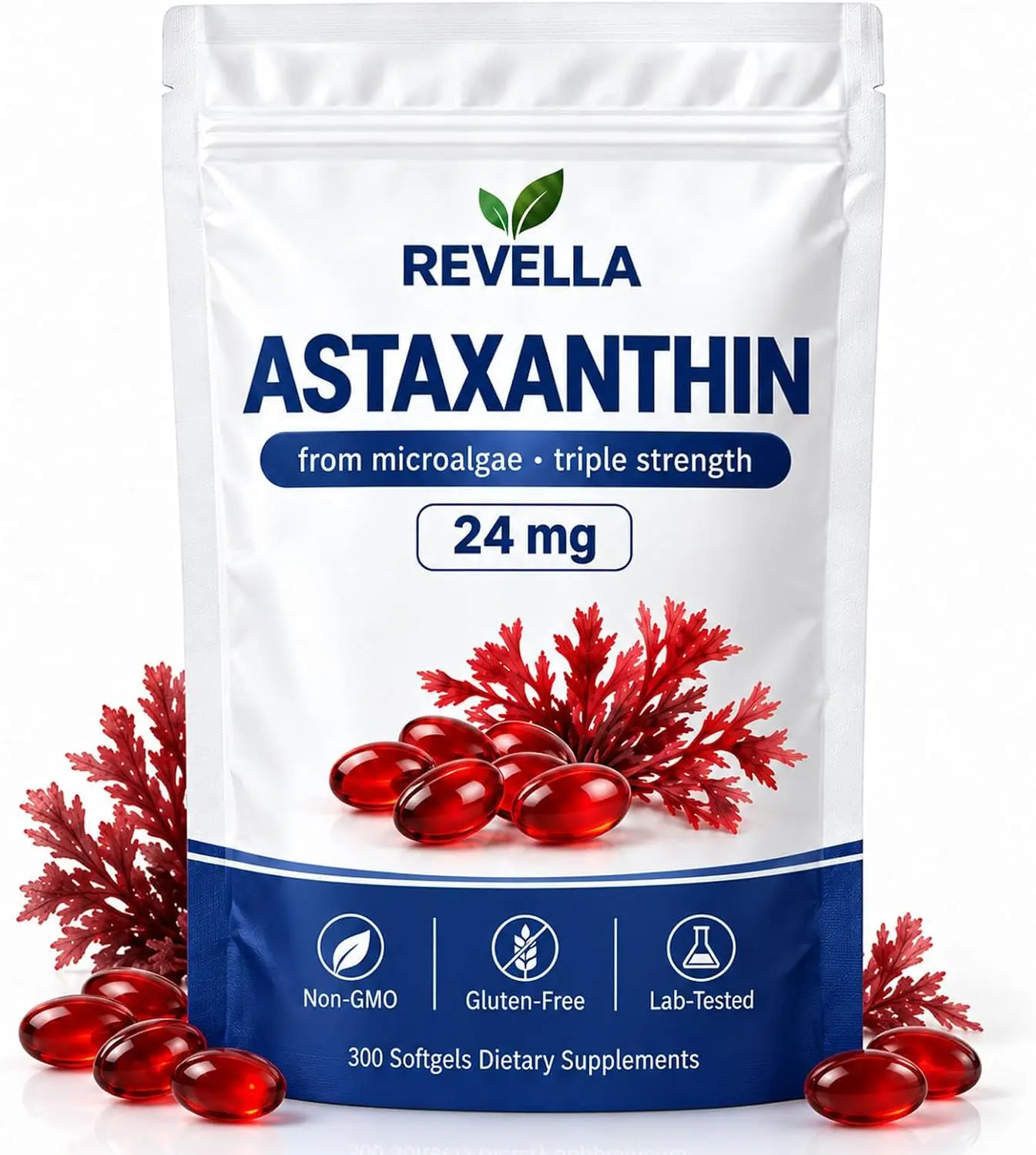 Revella Natural Microalgae Astaxanthin Dietary Supplement, 24 mg Triple Strength, 300 Softgels, Non-GMO, Gluten-Free, Lab-Tested