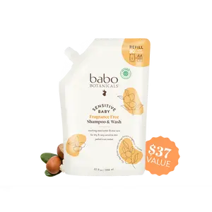 Babo Botanicals Sensitive Baby Shampoo & Wash Refill - Fragrance Free, Soothing Shea Butter & Aloe Vera, For Dry & Very Sensitive Skin, Pediatrician Tested, EWG Verified, 80% Less Plastic, 32 oz (946 ml)