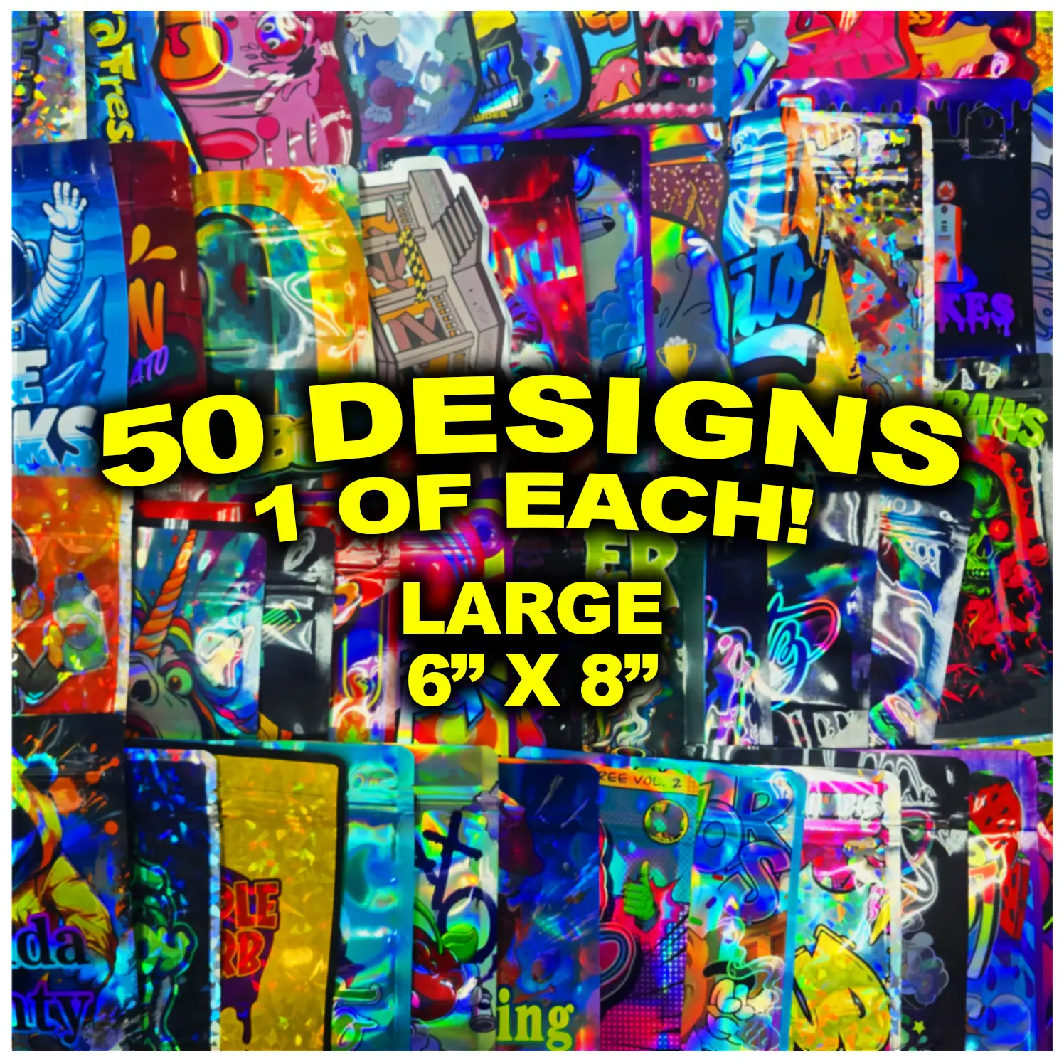 50 Pack Large (6inx 8in) Resealable Storage Pouches Assorted Designs