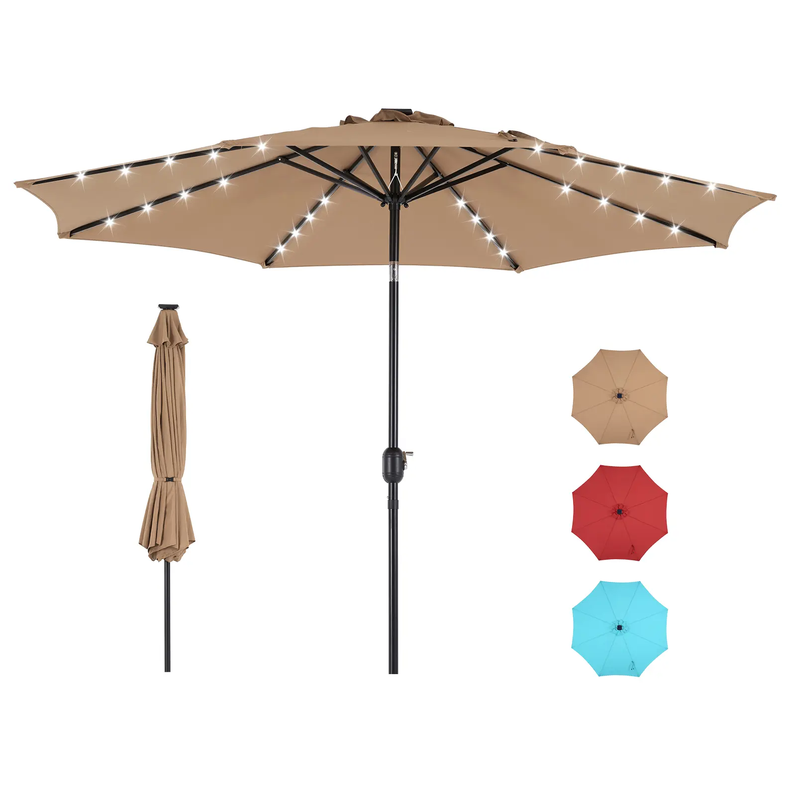 10FT Solar Patio Umbrella with 32 LED Lights, Outdoor Umbrellas with Push Button Tilt and Crank, Tilting Table Umbrella with 8 Sturdy Ribs for Market, Beach, Pool, Garden, Deck, Backyard, Terrace, Restaurant