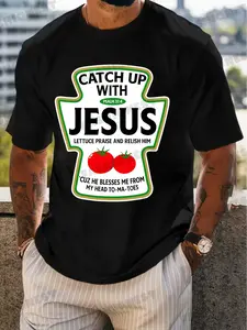 Christian Faith Text Print Men's T-Shirt, Prayer Theme Religious Culture, Church Activities Casual Wear, Pure Cotton Comfort Short Sleeve