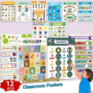 12 Pcs Children Early Education English Learning Posters Wall Charts, Alphabet Learning Chart, Educational Visual Aids for Kids, Home Schooling Supplies