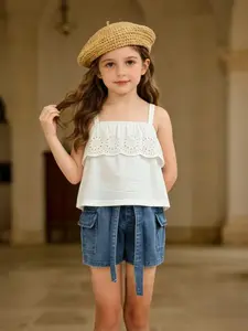 4-7 years old girls summer set, white lace camisole top matched with blue denim shorts, fresh casual style, hollow lace design exquisite and elegant, breathable and skin-friendly, suitable for multi-scene wearing such as family outings