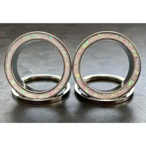 PAIR of Brilliant White Opal Glitter Rimmed Steel Screw Fit Tunnels/Plugs - Gauges 0g (8mm) thru 1" (25mm)