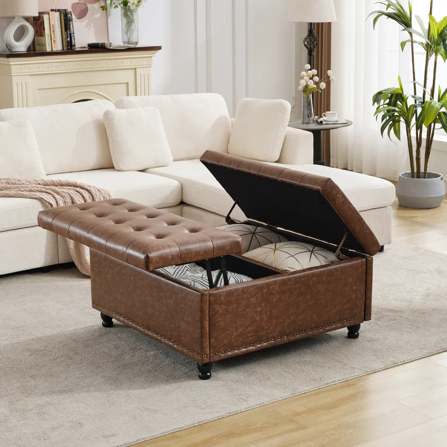 Tbfit Large Storage Ottoman Coffee Table - Tufted Upholstered Lift Top Ottoman Bench with Hidden Storage, Solid Wood Legs, Rivet Detail Charm, 35.5" Size, 300 lb Support, Extra Seat & Table for Living Room Decor, Tiktokshopstockup