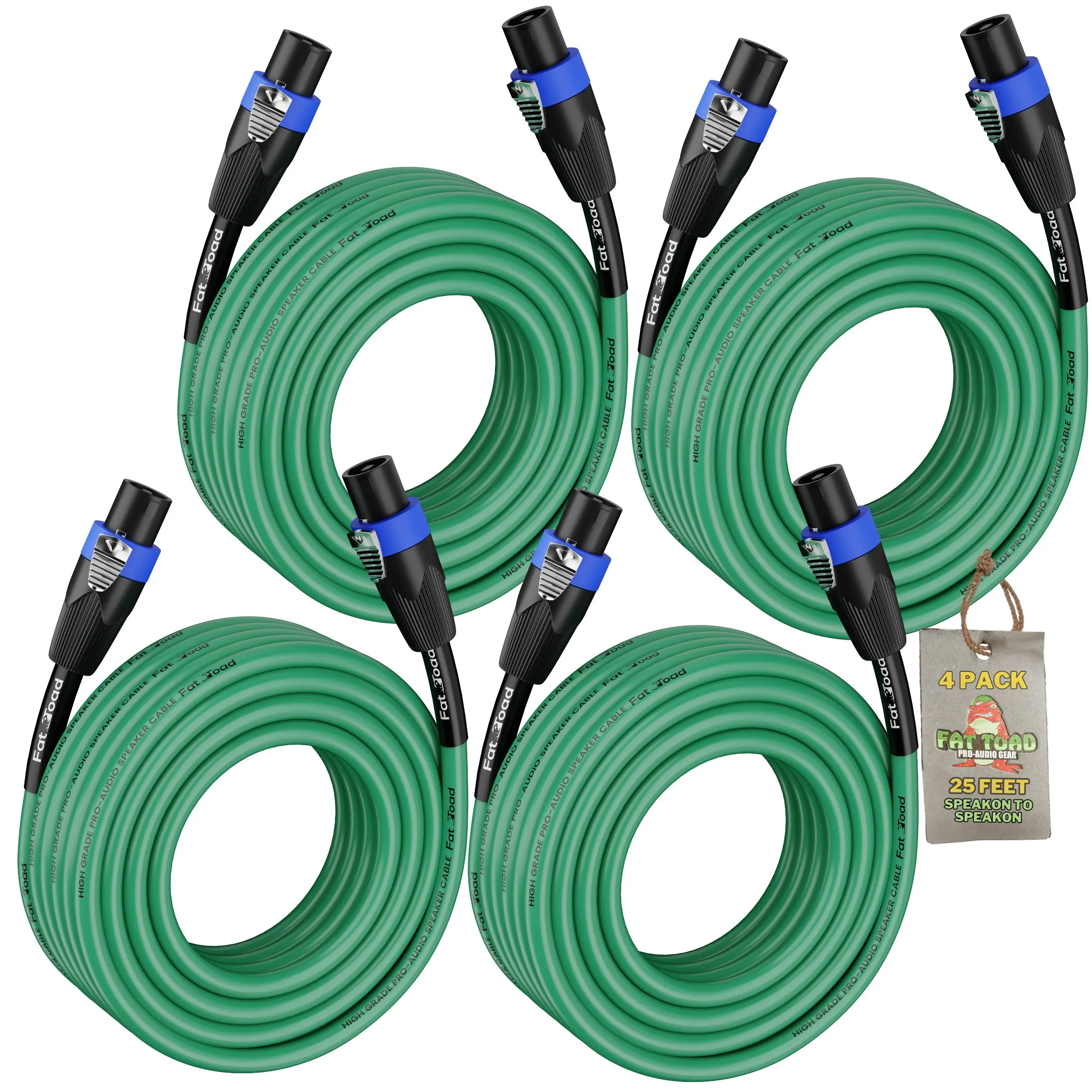 4 PACK - Speakon to Speakon Speaker Wires by FAT TOAD | 25ft Professional DJ Pro Audio Green PA Cords with Twist Lock Connector | 12 AWG Cables for Impeccable Studio Recording & Stage Performance Gear