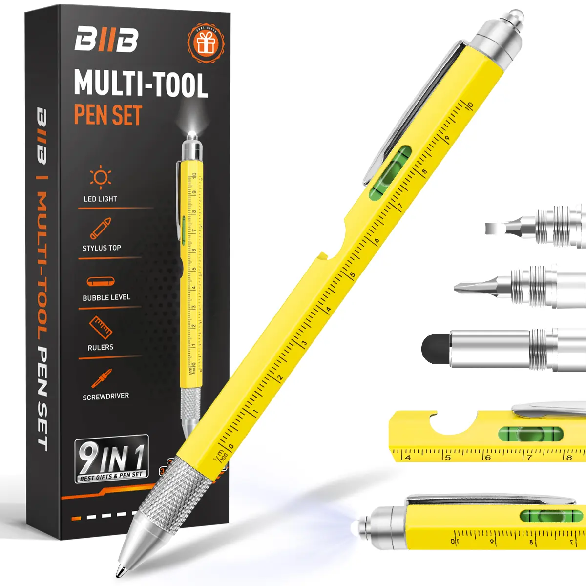 BIIB Gifts for Men 9 in 1 Multitool Pen, Mens Gifts for Him Dad Husband, Birthday Gift for Men Who Have Everything, Dad Gift from Wife Daughter, Unique Tools Gadgets for Mens