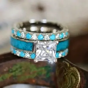 Euramerican Style Simple Design Engagement Ring - 3pcs with Blue Turquoise Stone for Women