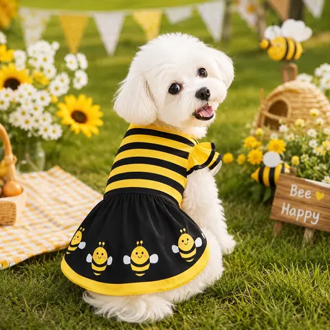 Cute Bee Pet Dress, Bumble Bee Costume for Dogs & Cats, Yellow Cartoon Striped Pet Apparel for Puppy, Kitten & Poodle, Perfect for Party & Halloween